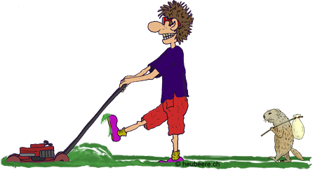 Ein Mann mit Rasen-Mäher - Cartoon