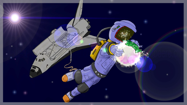 Ein Astronaut schwebt ausserhalb des Space Shuttle im All und putzt einen Stern