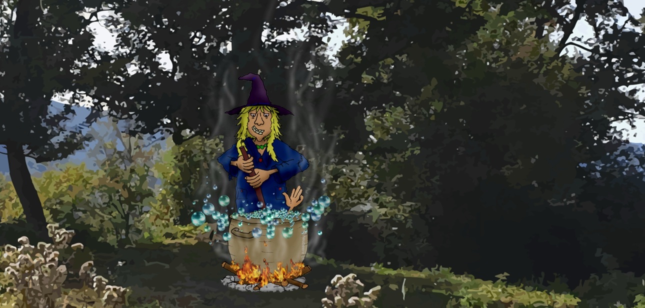 Bannerbild - Eine Hexe rührt in ihrem Kochkessel im Schatten eines Baumes