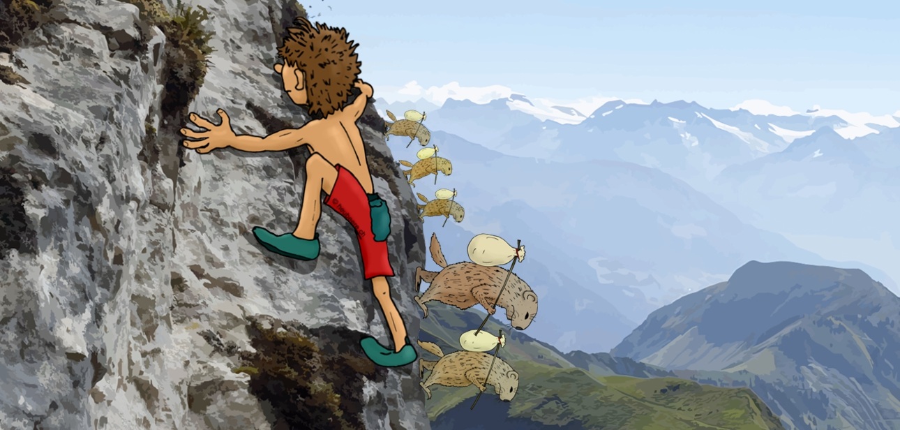 Bannerbild - Ein Freikletterer klettert die Felswand hoch und Murmeltiere wandern runter.