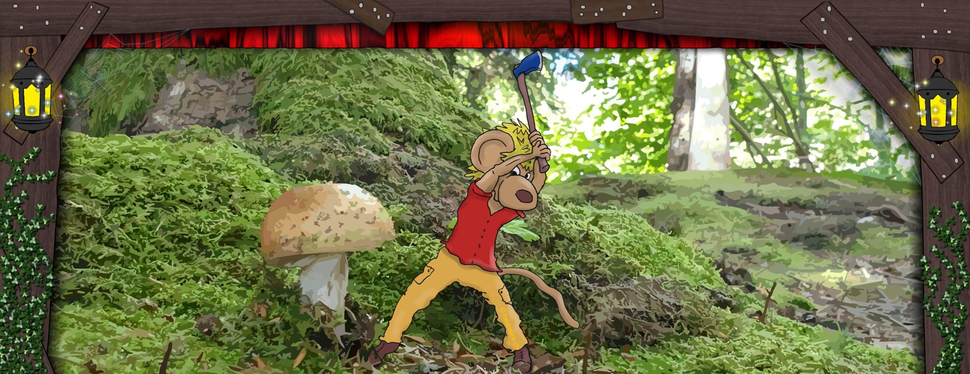 Bannerbild - Eine kleine Maus, die einen grossen Pilz mit der Axt fällt