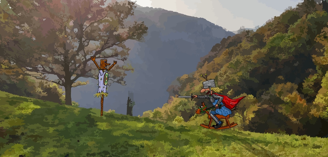 Bannerbild - Ein Ritter auf einem Schaukelpferd auf einer Waldlichtung