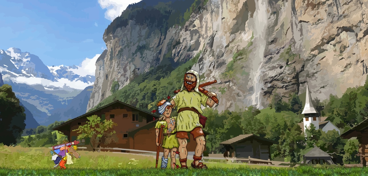 Bannerbild - Tell und Walterli vor den Felswänden in Lauterbrunnen