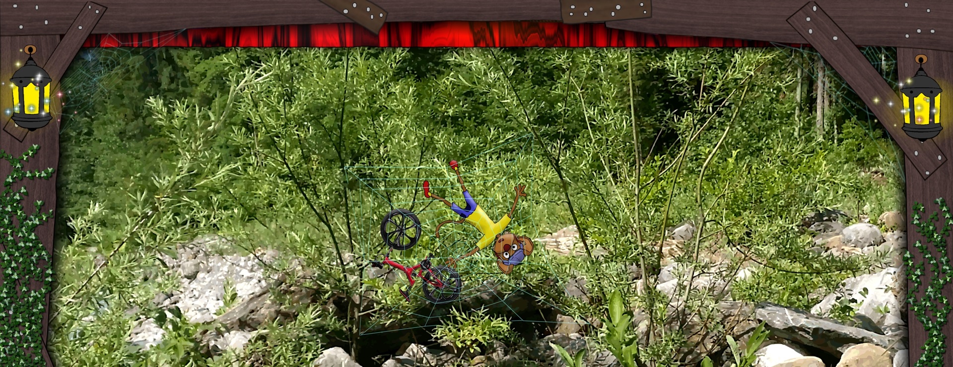 Bannerbild - Extrem-Mountainbike-Sport-Maus, gefangen in einem Spinnennetz