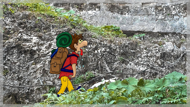 Ein Wanderer kämpft sich den steilen Weg hinauf