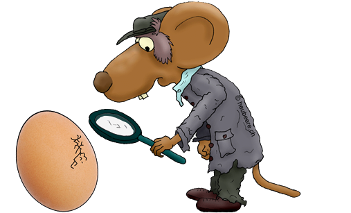 Eine Maus mit Lupe begutachtet ein Ei mit einem Sprung in der Eischale