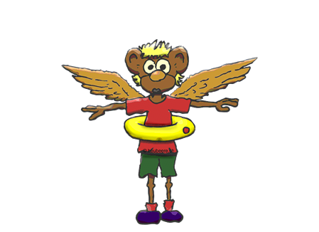 Maus mit Flügeln und Schwimmring kurz vor dem Flug-Start