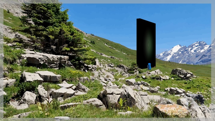 Ein Monolith steht auf einer Alp-Wiese