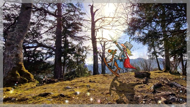 Ein Ritter sitzt auf dem Schaukelpferd und streckt sein Schwert gegen den Himmel