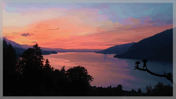 Mäuse klettern auf einen Ast, der in ein Bild mit einem See bei Sonnenuntergang hineinragt