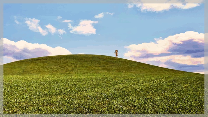 Ein bärtiger Mann steht auf einem grünen Hügel und winkt von weitem.