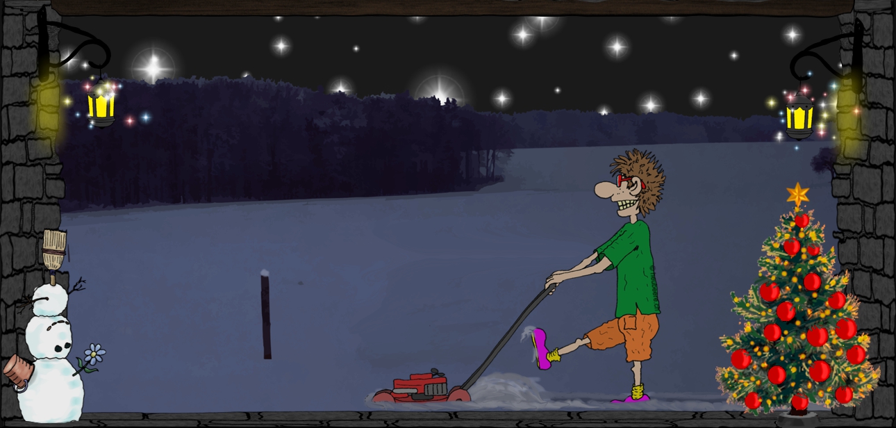 Bannerbild - Ein Gärtner in kurzen Hosen mäht draussen den Schnee