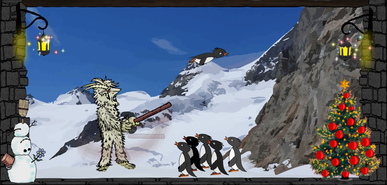 Bannerbild - Ein Yeti schlägt mit einem Stock Pinguine in die Luft